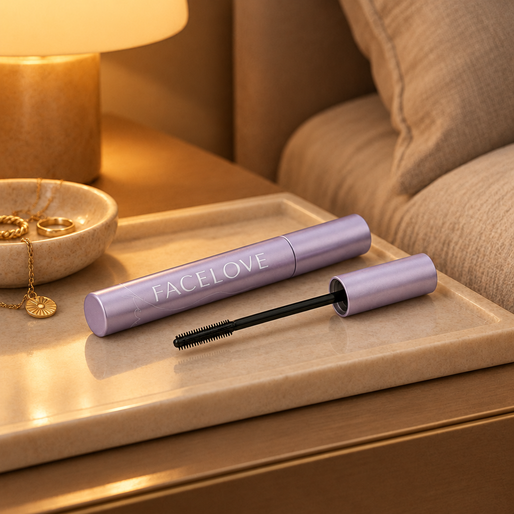 Everlove mascara met FACELOVE-label op een warm verlicht nachtkastje