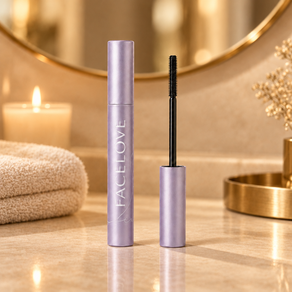 Everlove mascara met FACELOVE-label in een warme badkamer